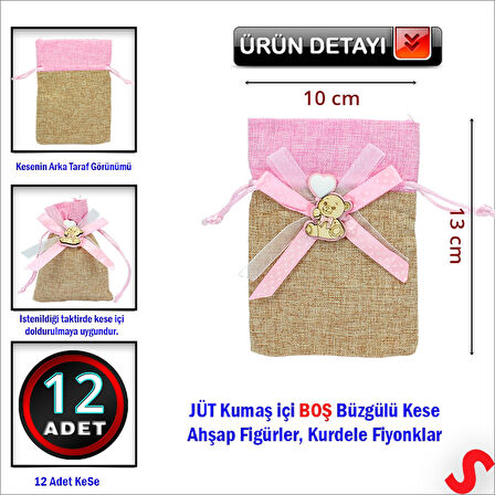 Bebek Temalı Jüt Kese 10cm x 13cm - Pembe x 12 Adet