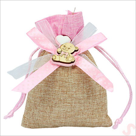 Bebek Temalı Jüt Kese 10cm x 13cm - Pembe x 12 Adet