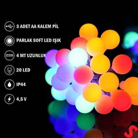 Çok Renkli 20 Led x 4 mt, Pilli Led Top Işık