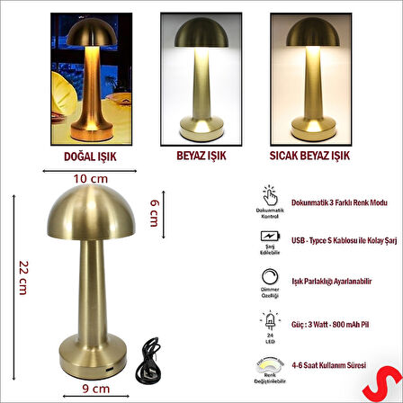 Şarjlı Dokunmatik Ayarlanabilir Renk Tonlu LED Masa Lambası - 22cm