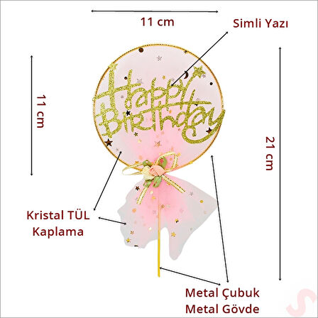 Happy Birthday Tüllü Metal Pasta SüSü, 21cm x 11cm - Pembe