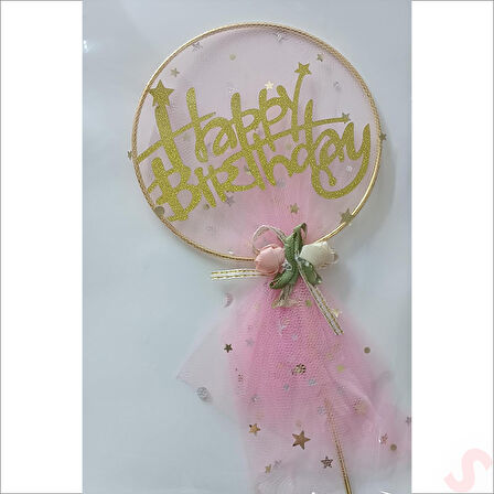 Happy Birthday Tüllü Metal Pasta SüSü, 21cm x 11cm - Pembe