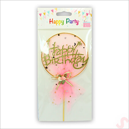 Happy Birthday Tüllü Metal Pasta SüSü, 21cm x 11cm - Pembe