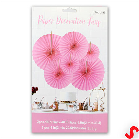 Kağıt Yelpaze SüS, 6 Adetli Set, Pembe