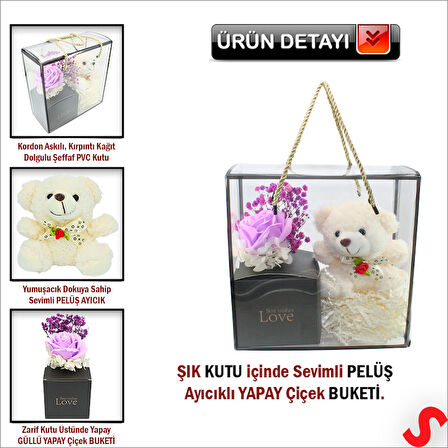Beyaz Pelüş Ayıcıklı ve Kutulu Yapay Çiçek Buketi - 20cm