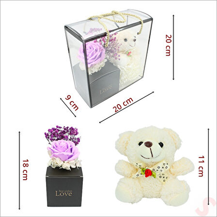 Beyaz Pelüş Ayıcıklı ve Kutulu Yapay Çiçek Buketi - 20cm