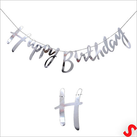 Happy Birthday Parlak Karton Kaligrafi Banner, 2 mt - Gümüş