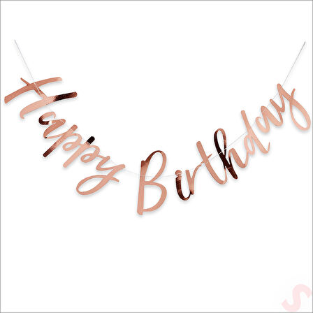 Happy Birthday Parlak Karton Kaligrafi Banner, 2 mt - Rose Gold