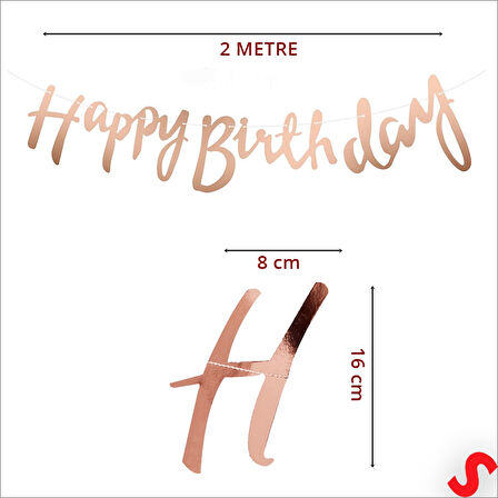 Happy Birthday Parlak Karton Kaligrafi Banner, 2 mt - Rose Gold