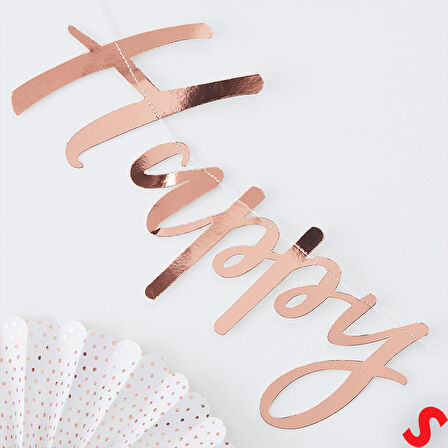 Happy Birthday Parlak Karton Kaligrafi Banner, 2 mt - Rose Gold