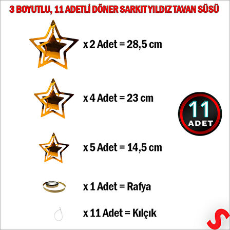 3 Boyutlu Döner Sarkıt 11 Adet Yıldız Tavan SüS Seti