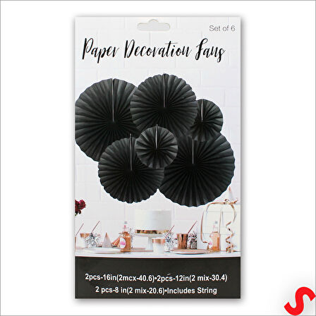 Kağıt Yelpaze SüS, 6 Adetli Set, Siyah