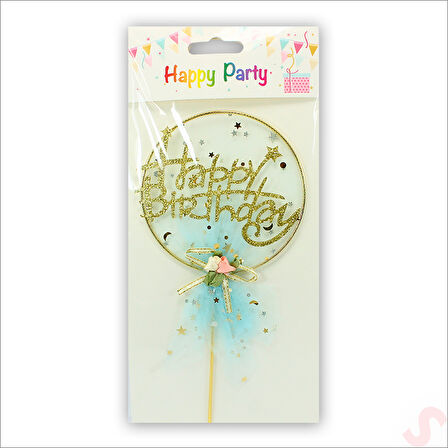 Happy Birthday Tüllü Metal Pasta SüSü, 21cm x 11cm - Mavi
