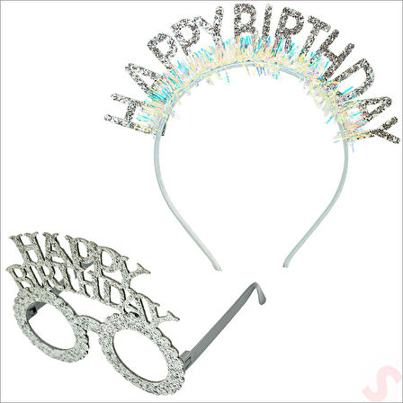 Happy Birthday Taç ve Gözlük Seti - Gümüş