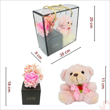 Pembe Pelüş Ayıcıklı ve Kutulu Yapay Çiçek Buketi - 20cm