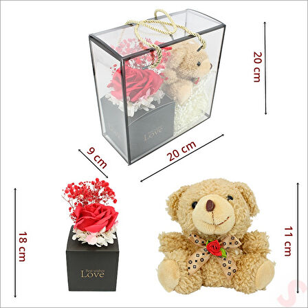 Kahve Pelüş Ayıcıklı ve Kutulu Yapay Çiçek Buketi - 20cm