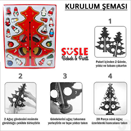 20 Parça SüSLü Ahşap 27cm Mini Yılbaşı Ağaç Seti - Kırmızı