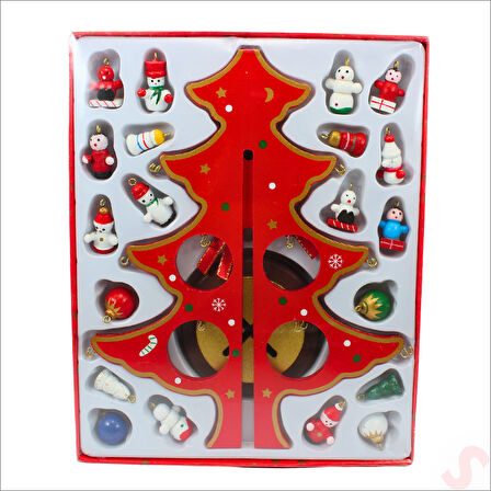 20 Parça SüSLü Ahşap 27cm Mini Yılbaşı Ağaç Seti - Kırmızı