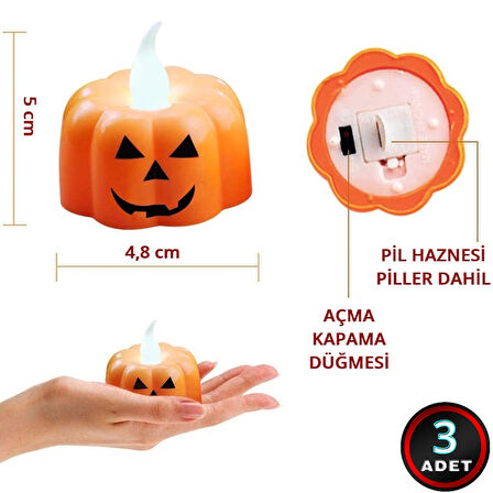Halloween Bal Kabağı Led MuM, 5cm x 3 Adet