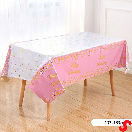 Happy Birthday Altın Baskılı Masa Örtüsü, 137cm x 183cm - Pembe