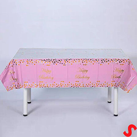 Happy Birthday Altın Baskılı Masa Örtüsü, 137cm x 183cm - Pembe