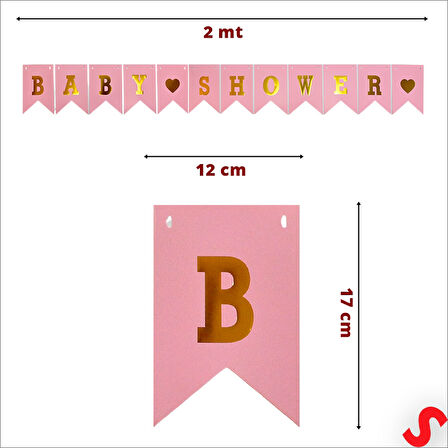 Baby Shower Altın Baskılı Bayrak Flama, 2 mt - Pembe