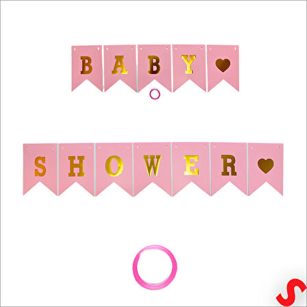 Baby Shower Altın Baskılı Bayrak Flama, 2 mt - Pembe