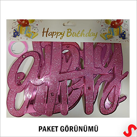 Happy Birthday Simli Folyo Karton Banner, 2 mt - Pembe