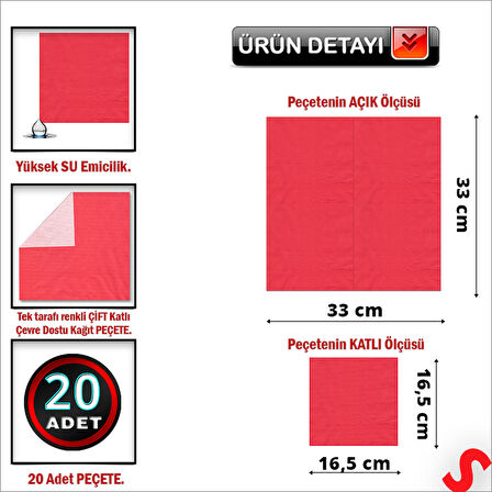 Kırmızı Peçete - 33cm x 33cm - 20 Adet