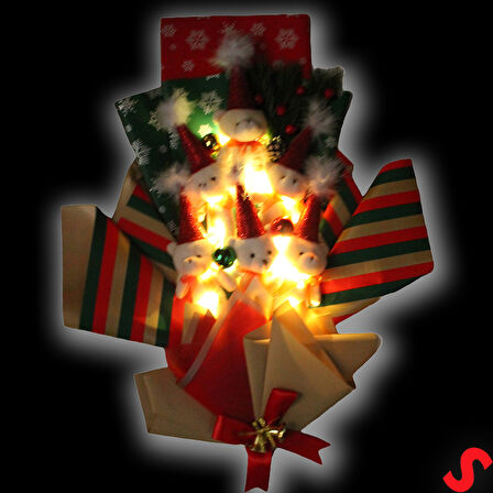 6 Pelüş Ayıcıklı ve Led Işıklı Yılbaşı Buketi, 57cm x 45cm