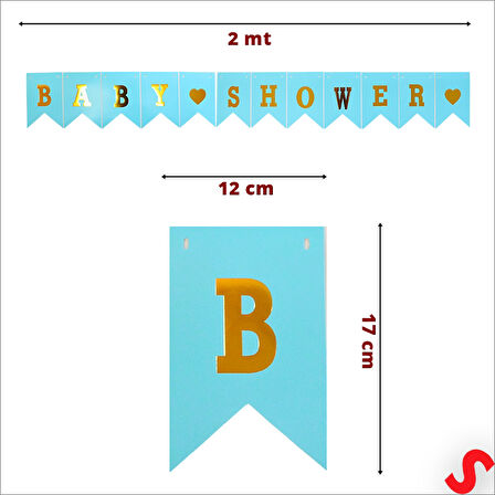 Baby Shower Altın Baskılı Bayrak Flama, 2 mt - Mavi