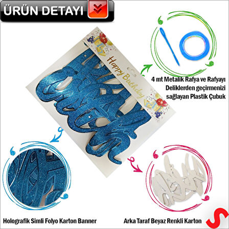 Happy Birthday Simli Folyo Karton Banner, 2 mt - Mavi