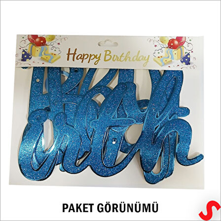 Happy Birthday Simli Folyo Karton Banner, 2 mt - Mavi