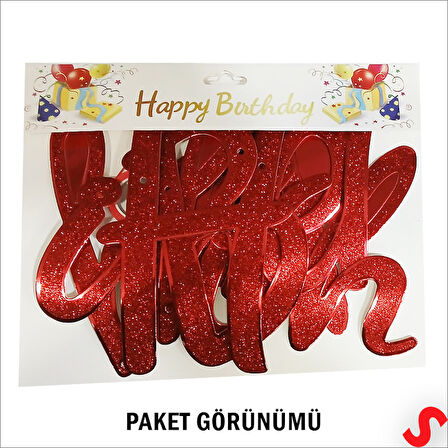 Happy Birthday Simli Folyo Karton Banner, 2 mt - Kırmızı