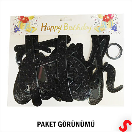 Happy Birthday Simli Folyo Karton Banner, 2 mt - Siyah