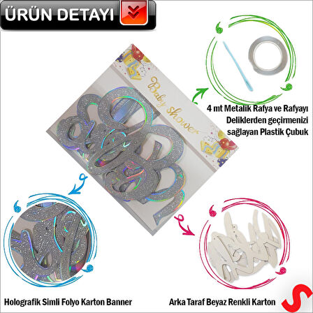 Baby Shower Simli Folyo Karton Banner, 90 cm - Gümüş