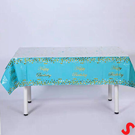 Happy Birthday Altın Baskılı Masa Örtüsü, 137cm x 183cm - Mavi