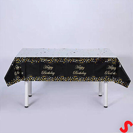 Happy Birthday Altın Baskılı Masa Örtüsü, 137cm x 183cm - Siyah