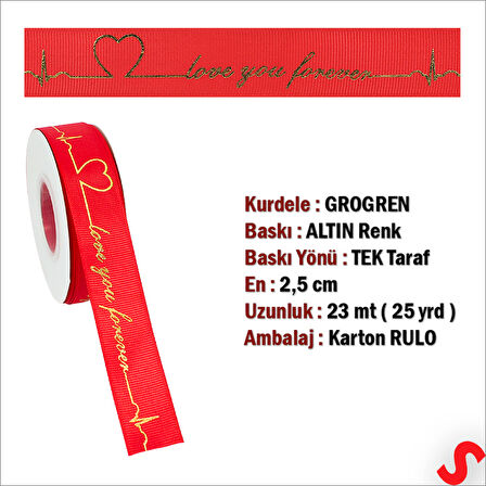Grogren Kurdele Love You Altın Baskılı, 2,5cm x 23mt - Kırmızı