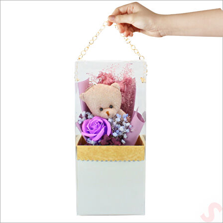 PVC Kutulu,Pelüş Ayıcık ve Mor Güllü Kuru Çiçek Buketi 26cmx11cm