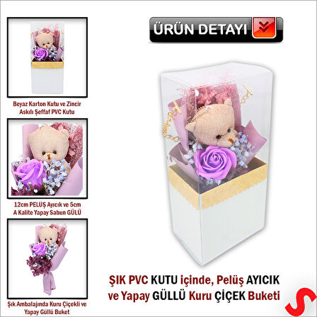 PVC Kutulu,Pelüş Ayıcık ve Mor Güllü Kuru Çiçek Buketi 26cmx11cm