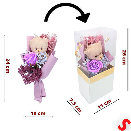 PVC Kutulu,Pelüş Ayıcık ve Mor Güllü Kuru Çiçek Buketi 26cmx11cm