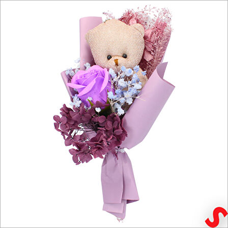PVC Kutulu,Pelüş Ayıcık ve Mor Güllü Kuru Çiçek Buketi 26cmx11cm