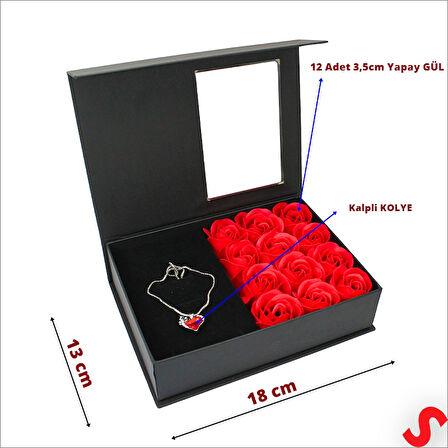 12 Adet Yapay Gül ve Kalp Kolyeli, Çantalı Kutu Seti, Siyah