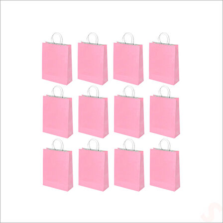 Büküm Saplı Kraft Çanta 22 x 16 x 8 cm, Pembe - 12 Adet