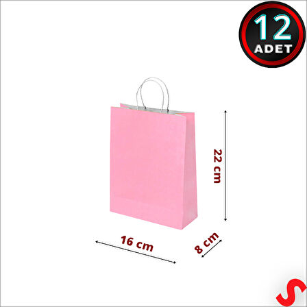 Büküm Saplı Kraft Çanta 22 x 16 x 8 cm, Pembe - 12 Adet