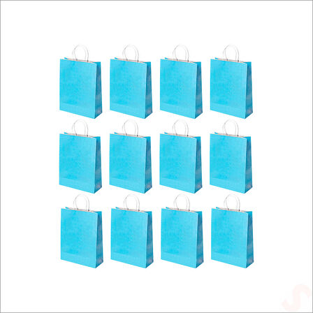 Büküm Saplı Kraft Çanta 22 x 16 x 8 cm, Mavi - 12 Adet