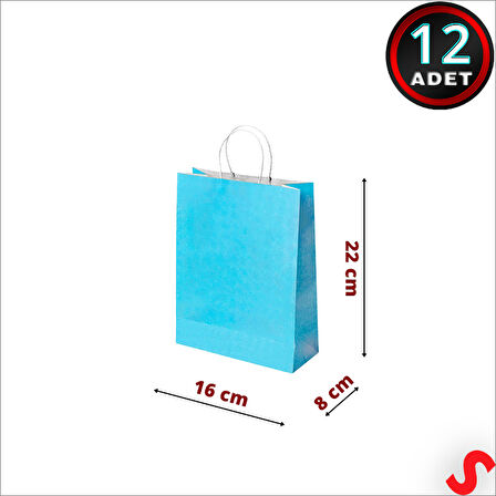 Büküm Saplı Kraft Çanta 22 x 16 x 8 cm, Mavi - 12 Adet