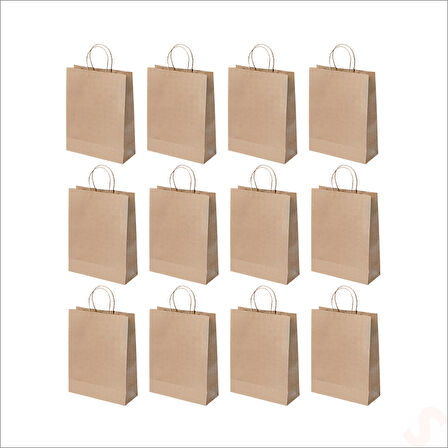 Büküm Saplı Kraft Çanta 32 x 26 x 12 cm, Natürel - 12 Adet
