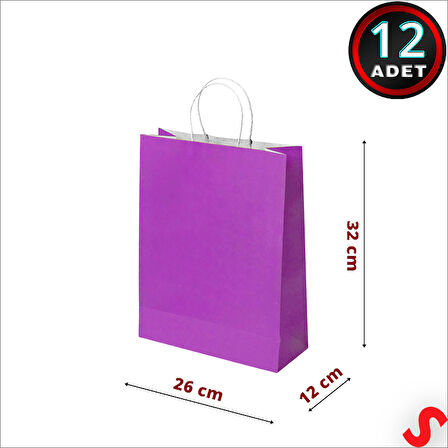 Büküm Saplı Kraft Çanta 32 x 26 x 12 cm, Mor - 12 Adet